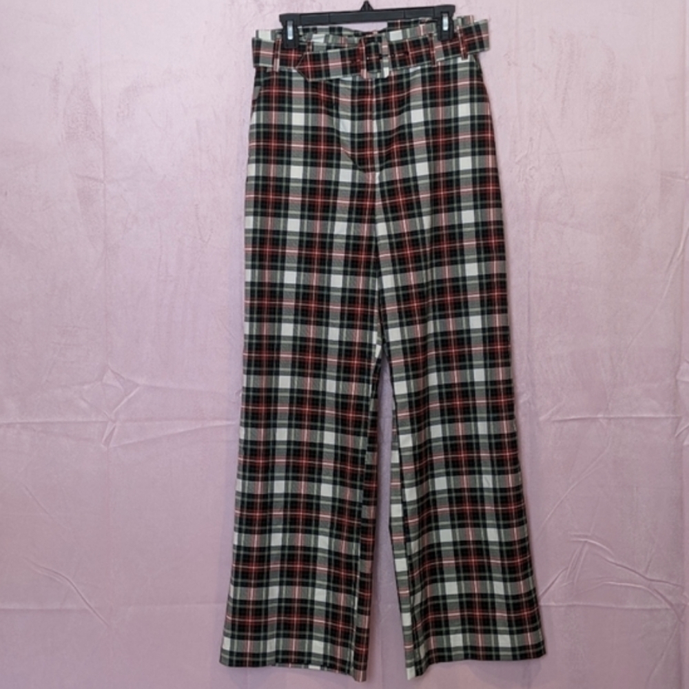 Alex Marie Red Green and White Plaid Print Belted Rebecca Holiday Trousers
